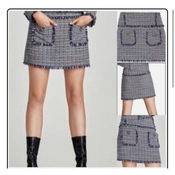 ZARA TWEED MINI SKIRT WITH GEM APPLIQUE FRINGES SIZE SMALL - Picture 1 of 5